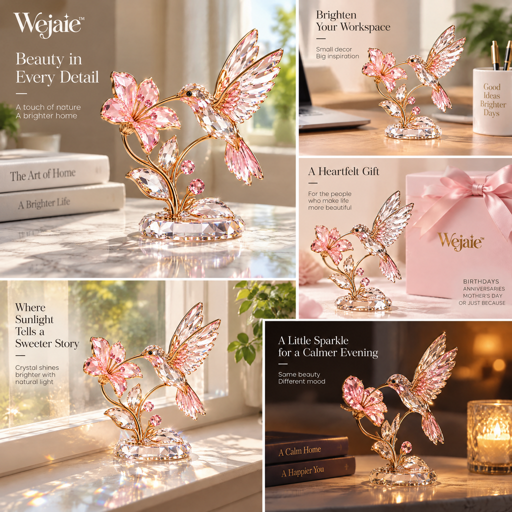 Wejaie™ Crystal Hummingbird & Blossom Figurine – Rose-Gold-Tone Decorative Keepsake