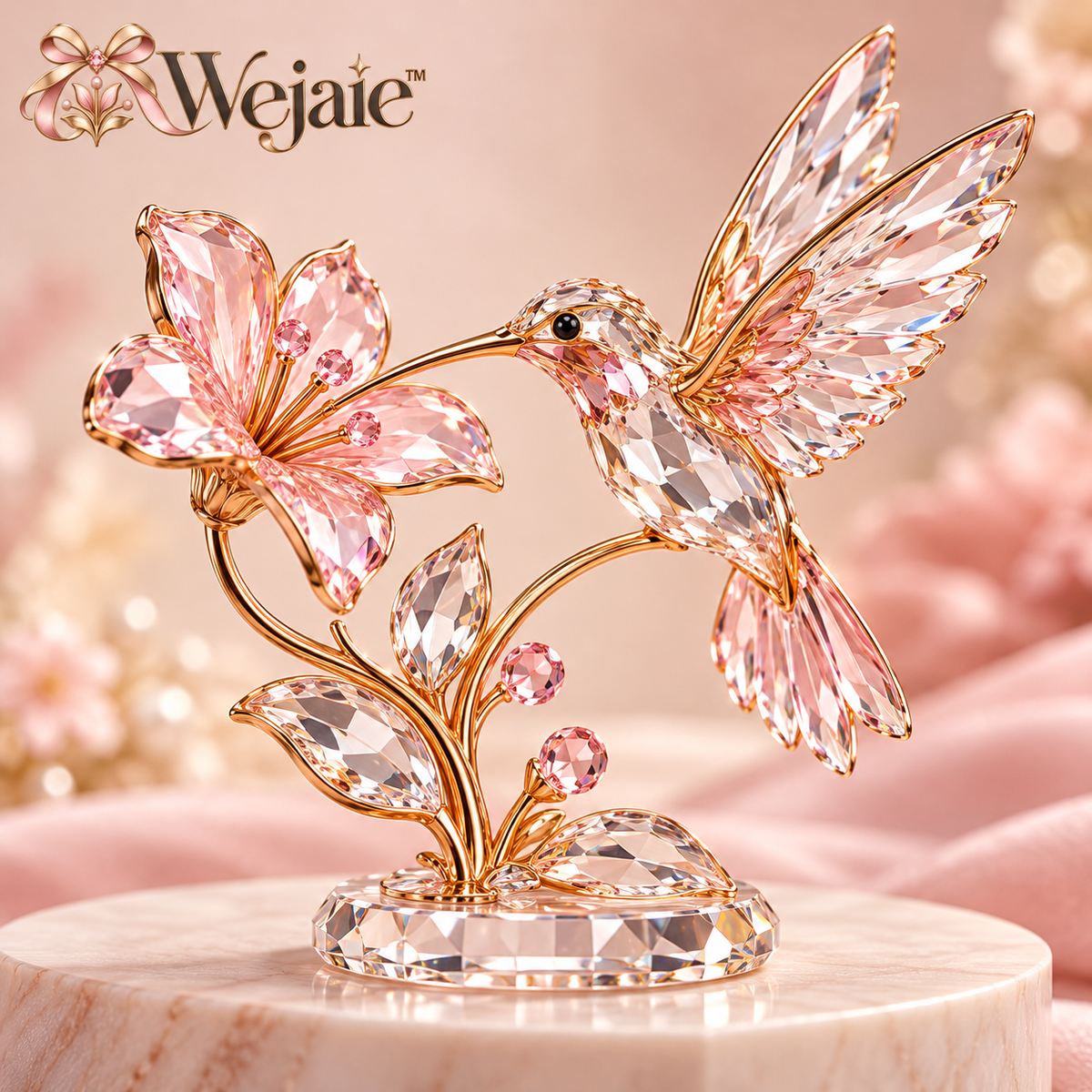 Wejaie™ Crystal Hummingbird & Blossom Figurine – Rose-Gold-Tone Decorative Keepsake