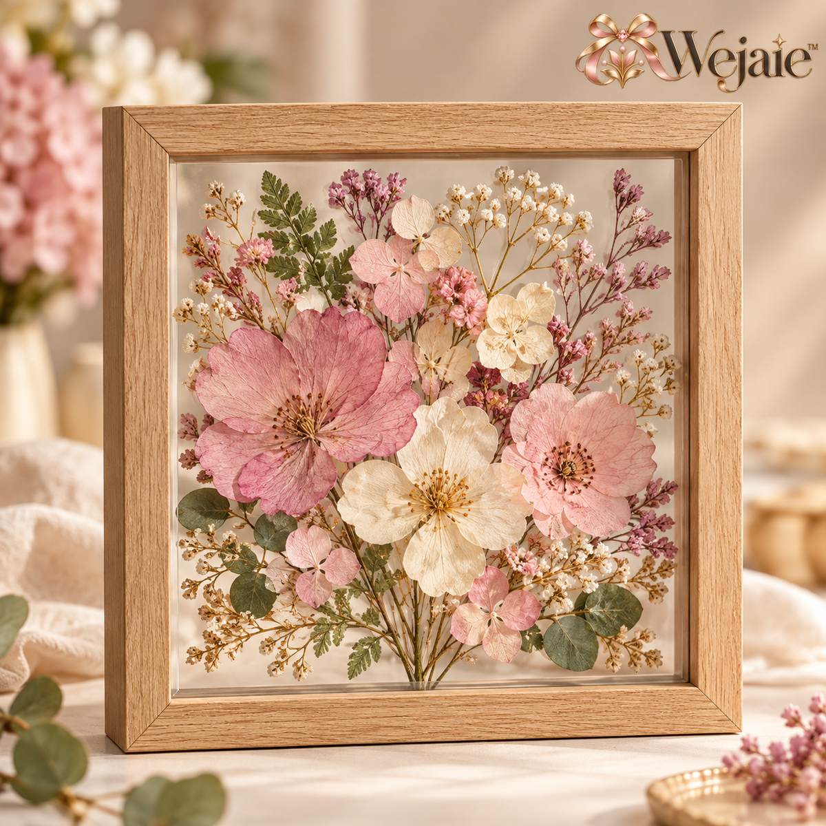 Wejaie™ Pressed Botanical Shadow Box – Natural Wood Floral Display Frame