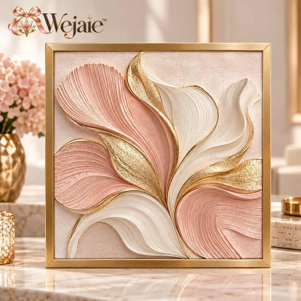 Wejaie™ Blush Petal Textured Wall Art – Gold-Framed Sculptural Accent