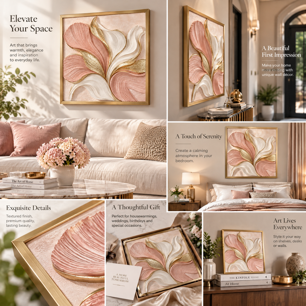 Wejaie™ Blush Petal Textured Wall Art – Gold-Framed Sculptural Accent