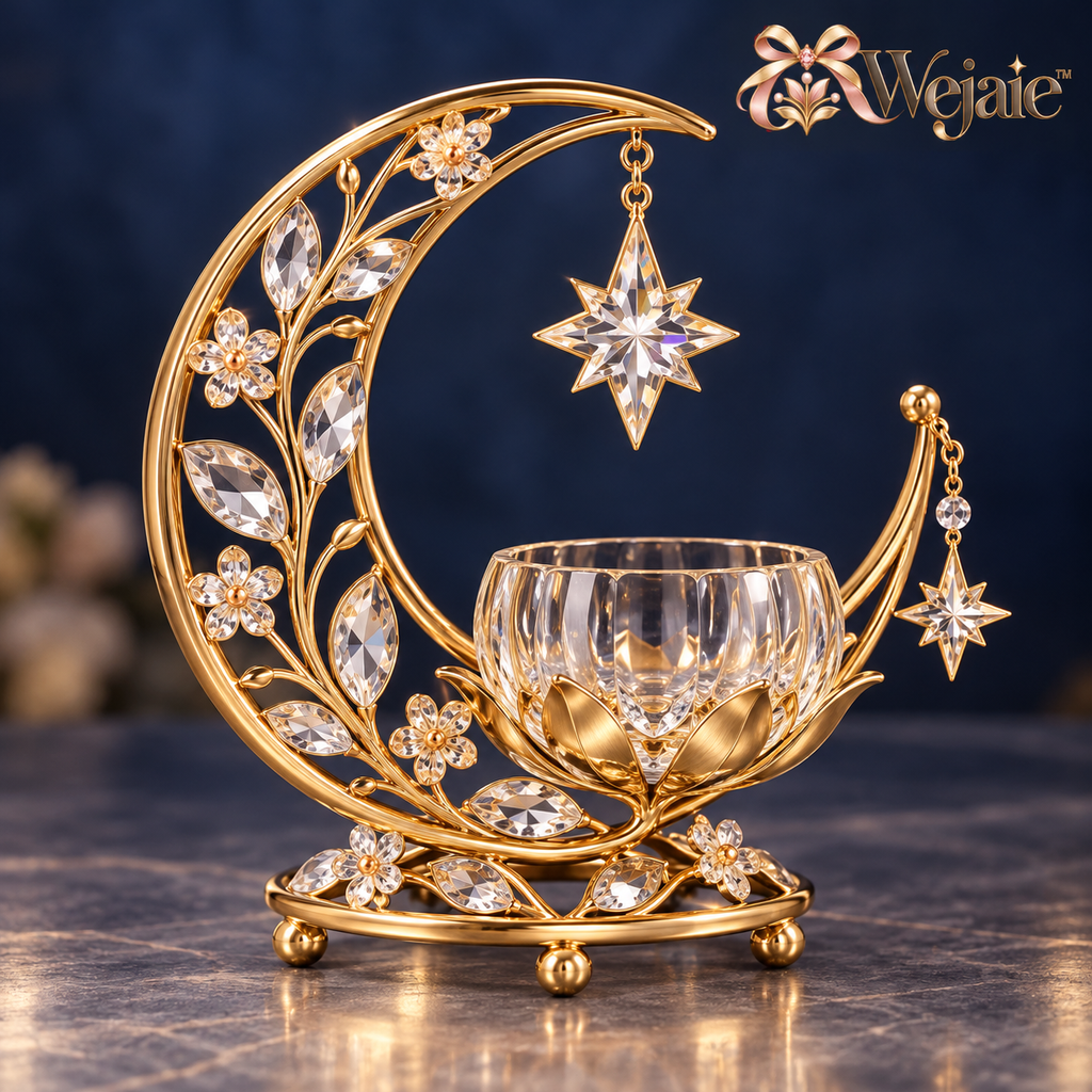 Wejaie™ Celestial Crescent Tealight Holder – Gold-Tone Moon & Crystal Star Décor