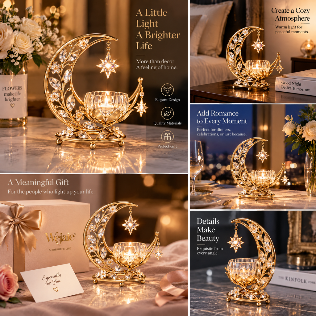 Wejaie™ Celestial Crescent Tealight Holder – Gold-Tone Moon & Crystal Star Décor