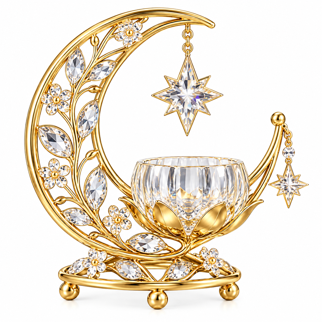 Wejaie™ Celestial Crescent Tealight Holder – Gold-Tone Moon & Crystal Star Décor