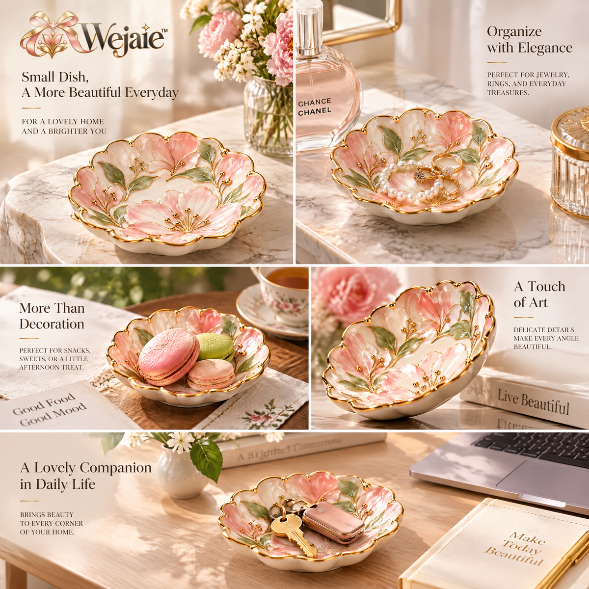 Wejaie™ Hand-Painted Floral Trinket Dish – Scalloped Ceramic Jewelry Tray