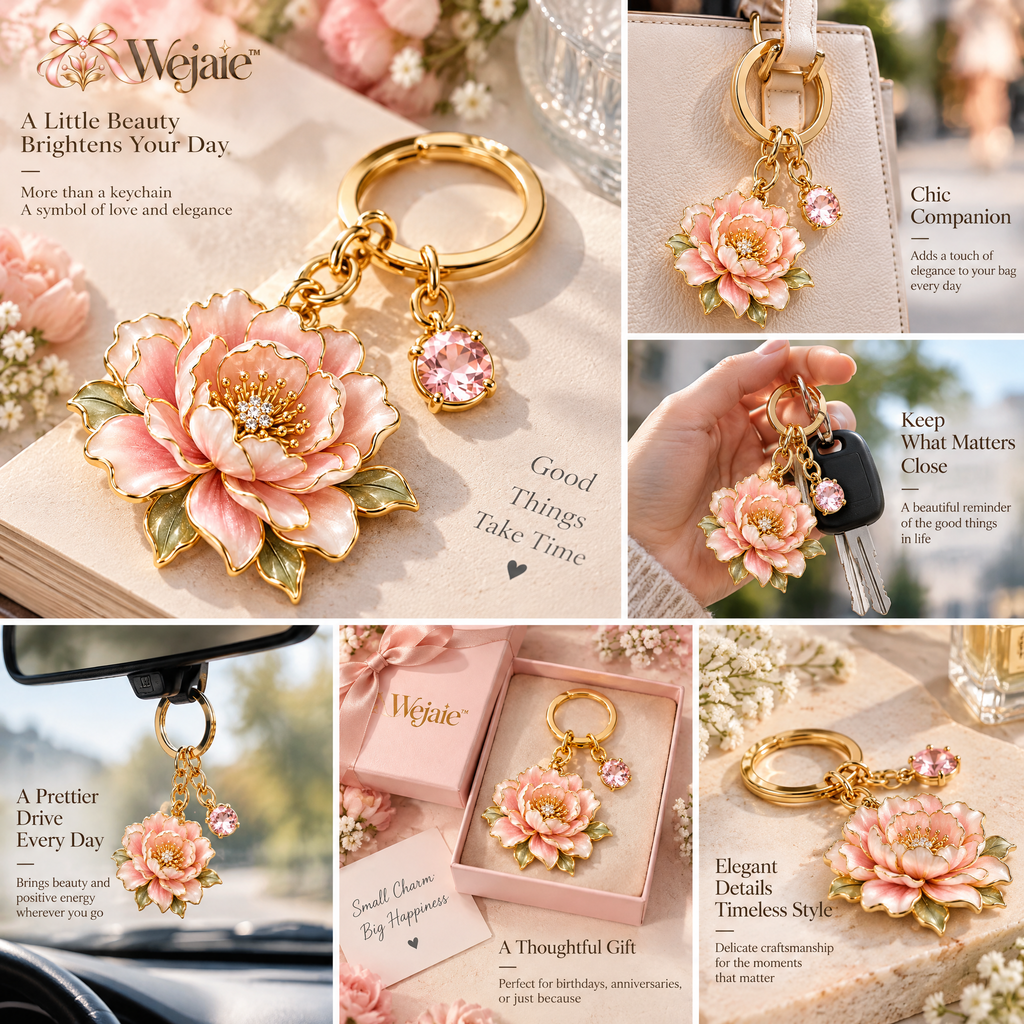 Wejaie™ Blush Peony Enamel Keychain – Gold-Tone Floral Bag Charm