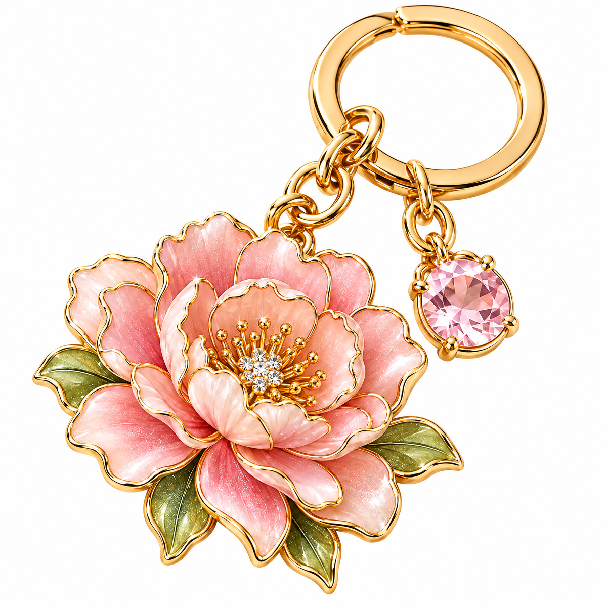 Wejaie™ Blush Peony Enamel Keychain – Gold-Tone Floral Bag Charm