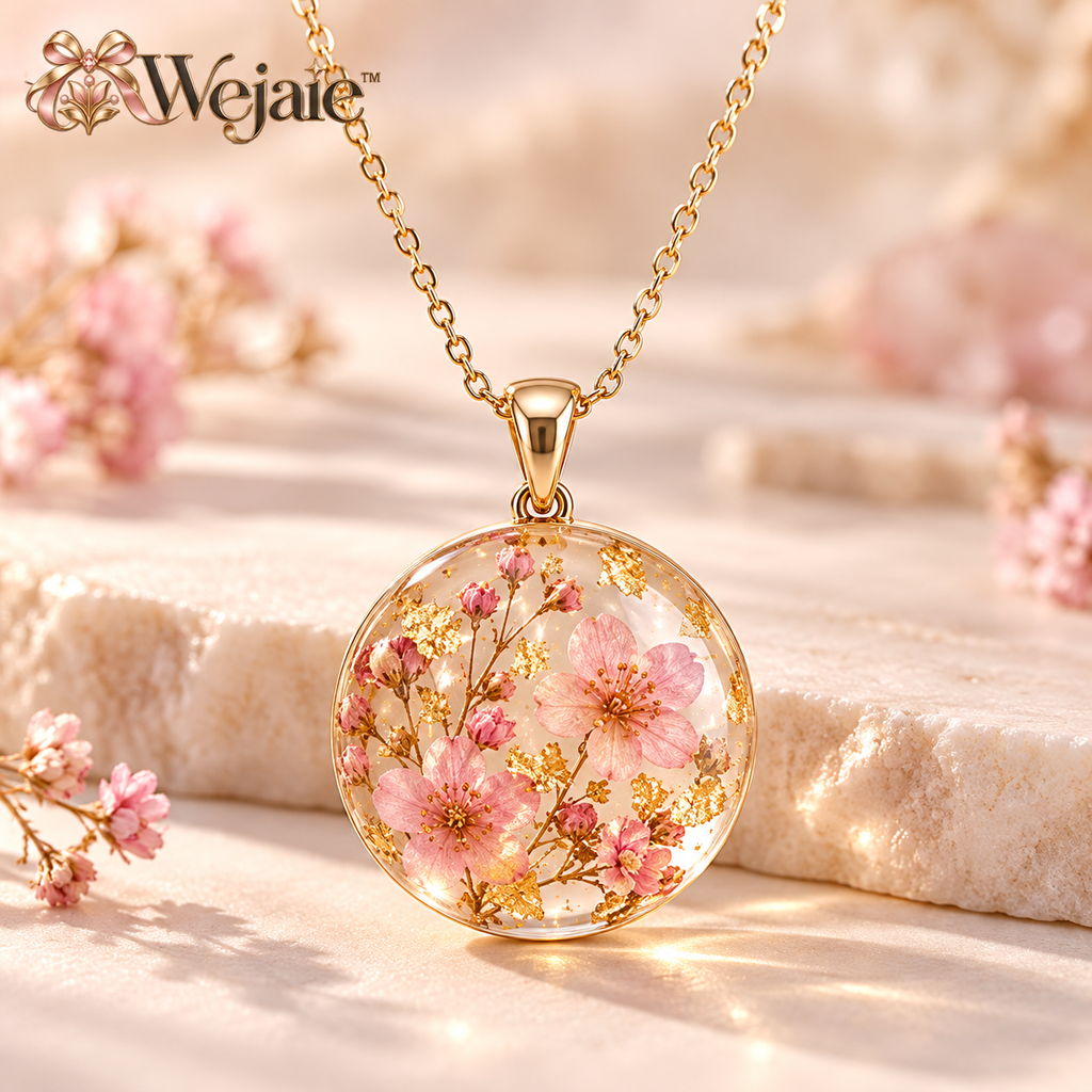 Wejaie™ Pressed Blossom Resin Pendant Necklace – Gold-Flake Botanical Jewelry