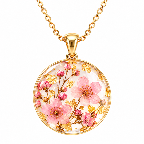 Wejaie™ Pressed Blossom Resin Pendant Necklace – Gold-Flake Botanical Jewelry