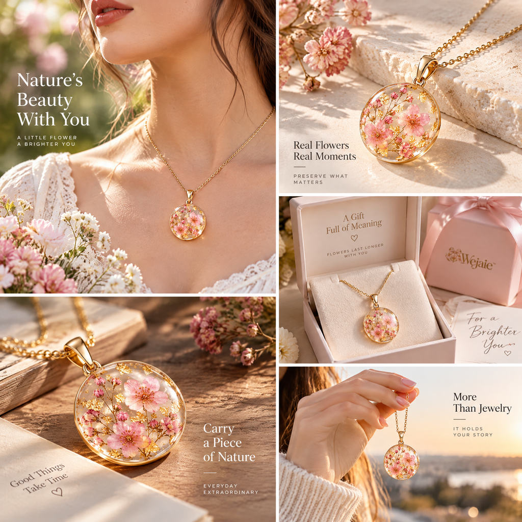 Wejaie™ Pressed Blossom Resin Pendant Necklace – Gold-Flake Botanical Jewelry
