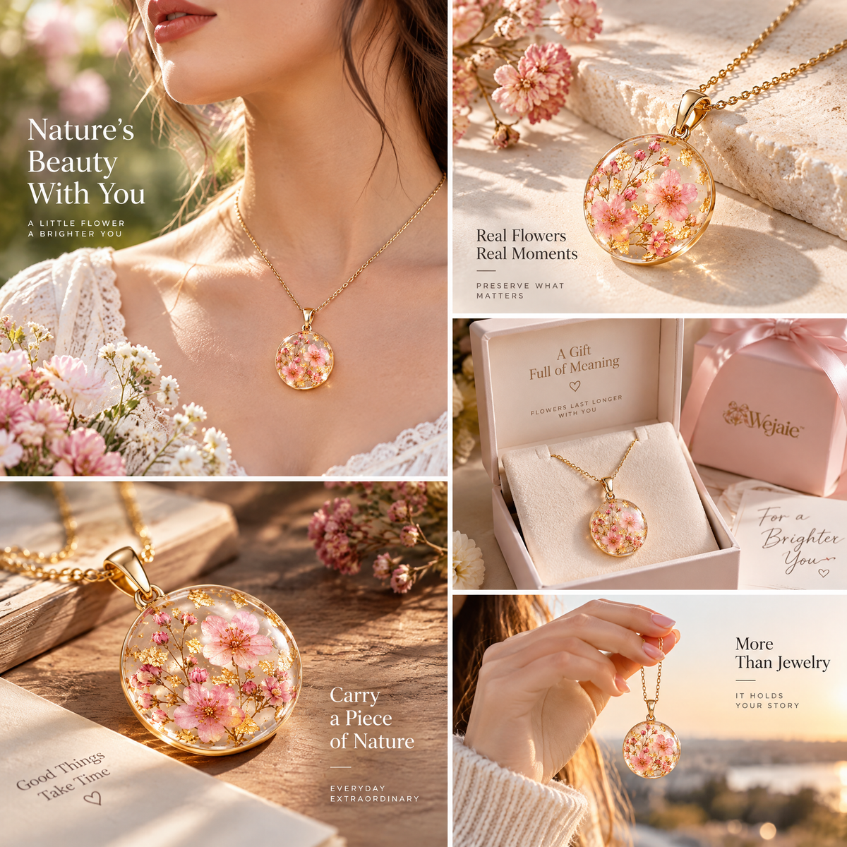 Wejaie™ Pressed Blossom Resin Pendant Necklace – Gold-Flake Botanical Jewelry