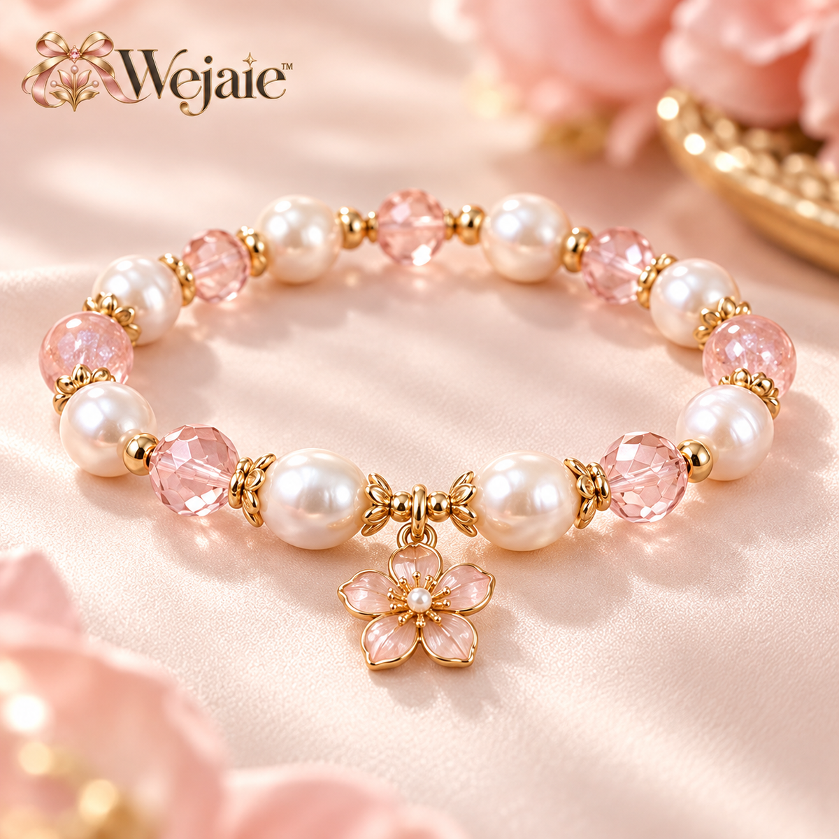 Wejaie™ Blush Pearl & Crystal Beaded Bracelet – Floral Charm Stretch Jewelry