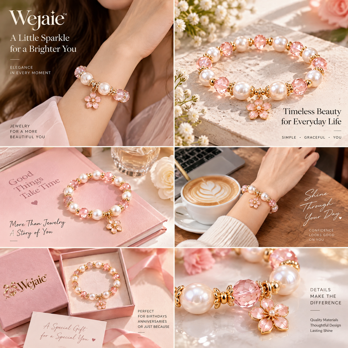 Wejaie™ Blush Pearl & Crystal Beaded Bracelet – Floral Charm Stretch Jewelry
