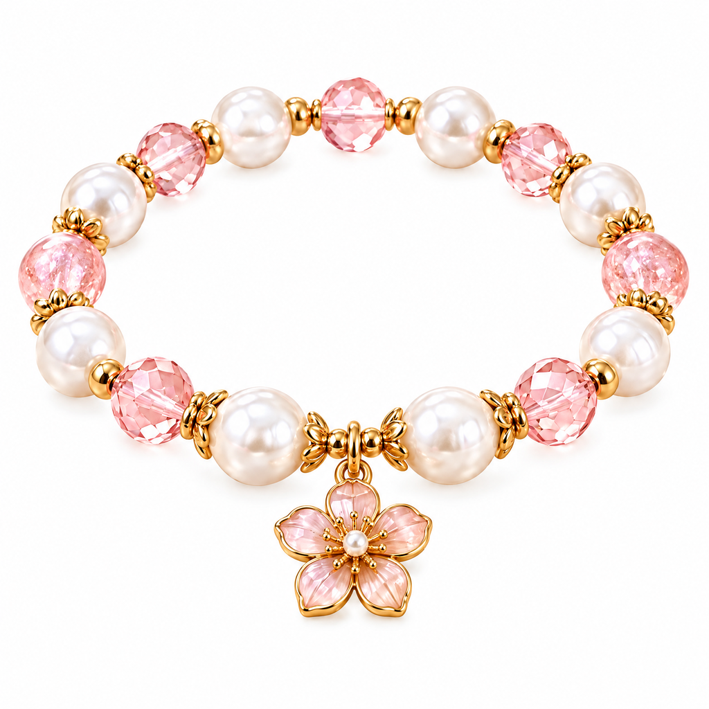 Wejaie™ Blush Pearl & Crystal Beaded Bracelet – Floral Charm Stretch Jewelry