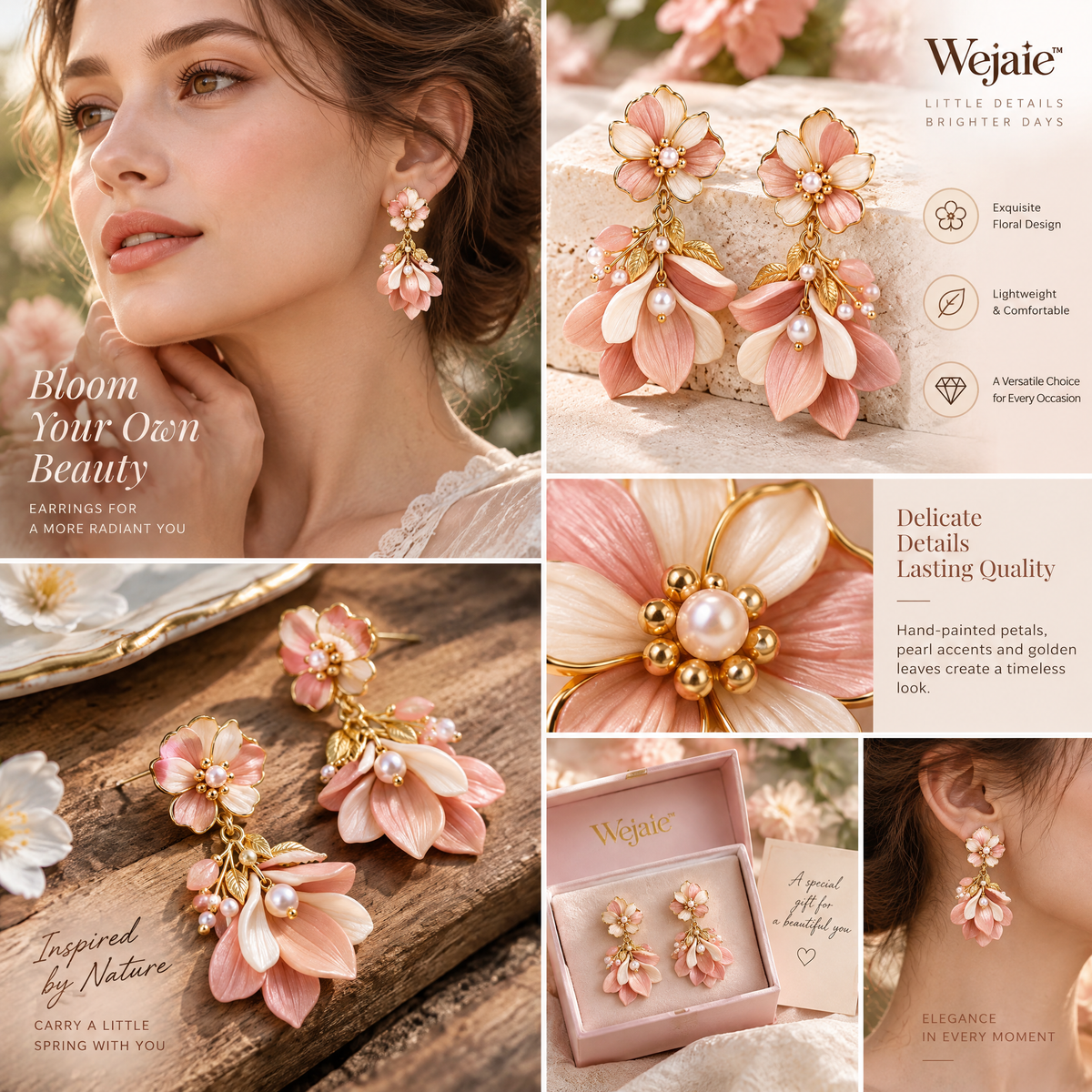 Wejaie™ Blush Botanical Statement Earrings – Handcrafted Floral Drop Pair