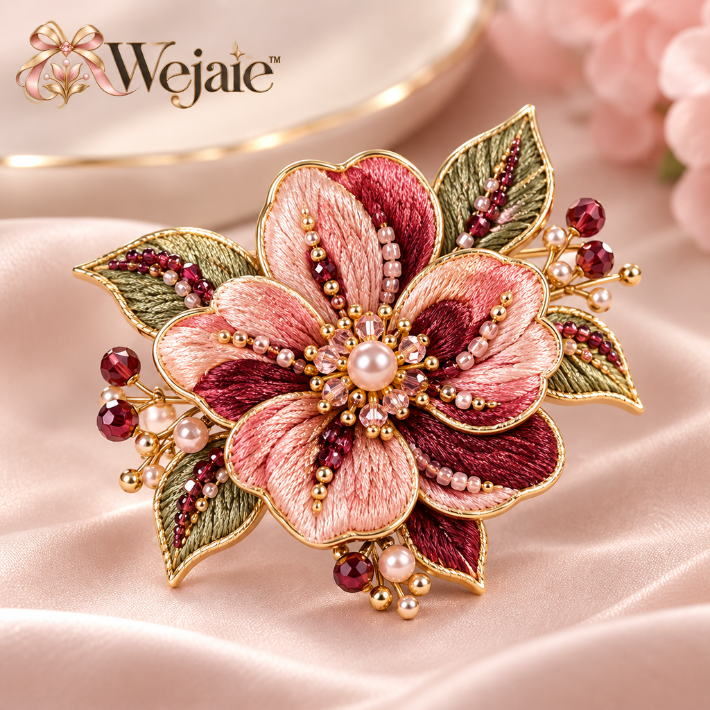 Wejaie™ Embroidered Blossom Brooch – Beaded Burgundy & Blush Floral Pin