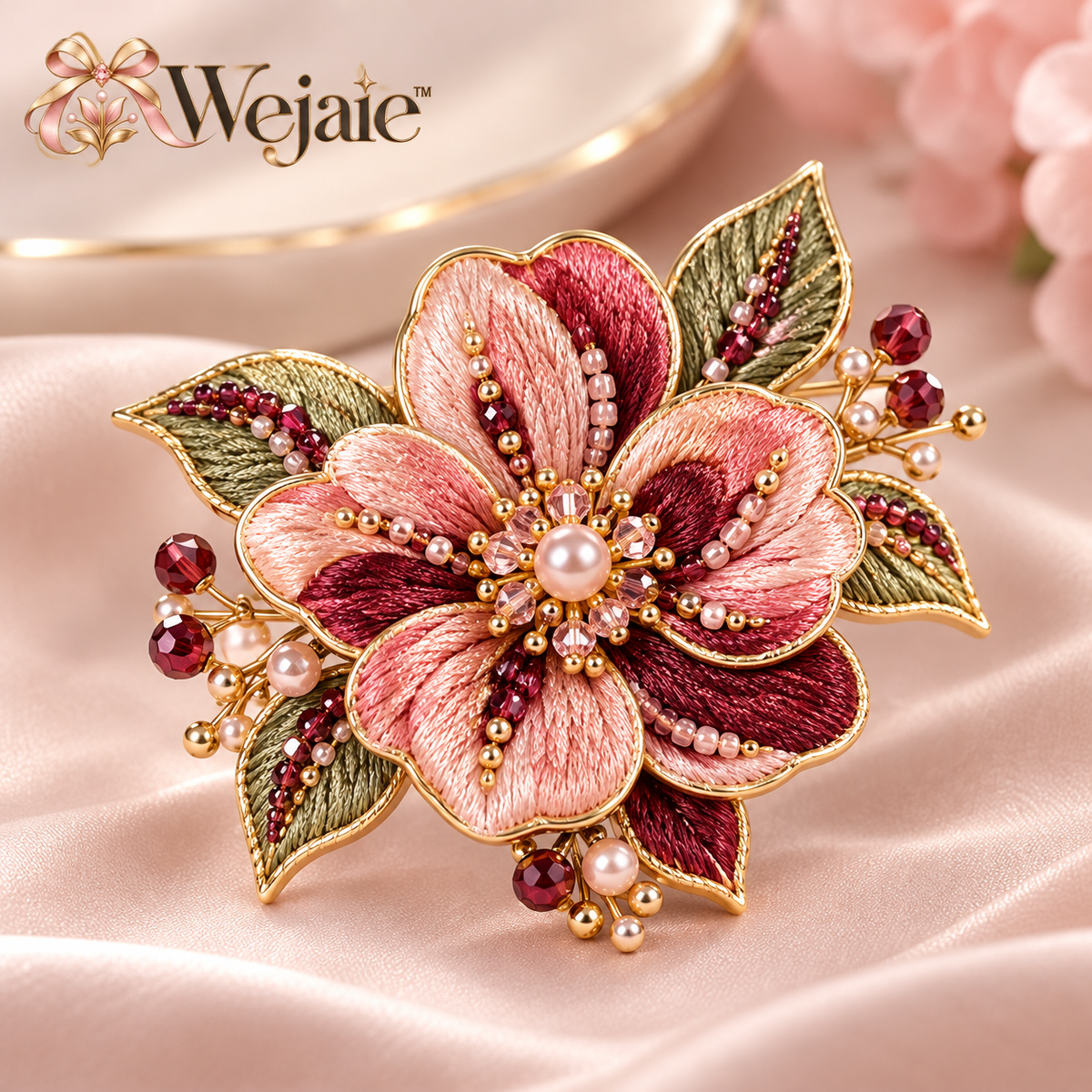 Wejaie™ Embroidered Blossom Brooch – Beaded Burgundy & Blush Floral Pin