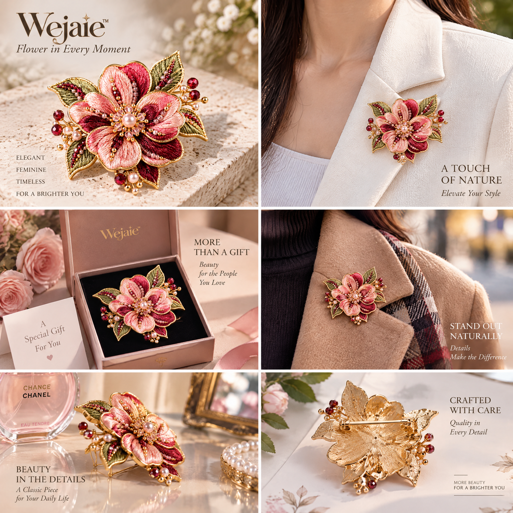 Wejaie™ Embroidered Blossom Brooch – Beaded Burgundy & Blush Floral Pin