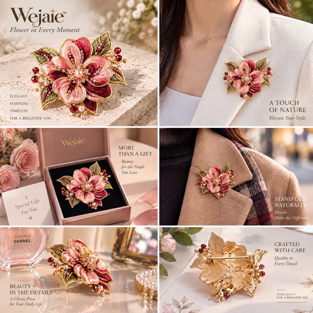 Wejaie™ Embroidered Blossom Brooch – Beaded Burgundy & Blush Floral Pin