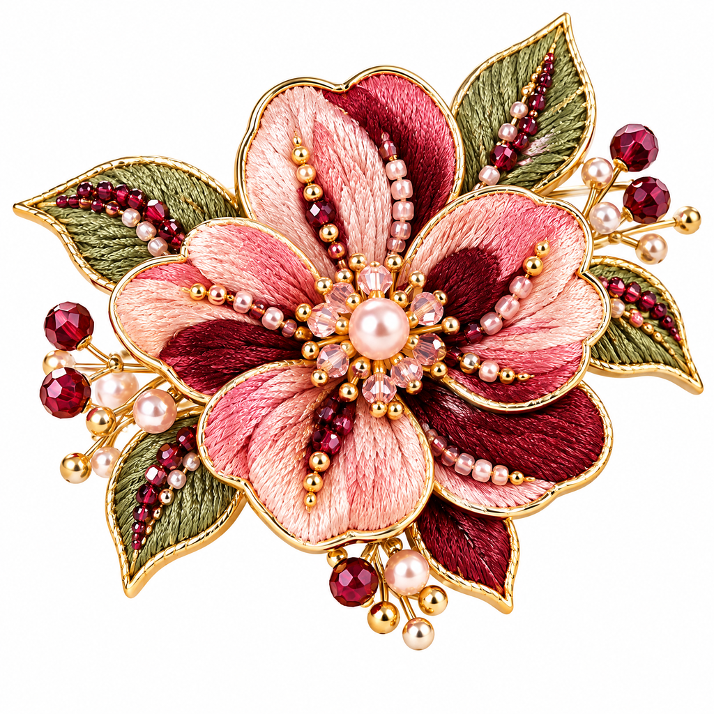 Wejaie™ Embroidered Blossom Brooch – Beaded Burgundy & Blush Floral Pin