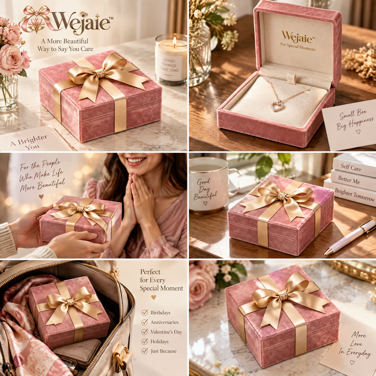 Wejaie™ Blush Velvet Keepsake Gift Box – Champagne Ribbon Presentation Box
