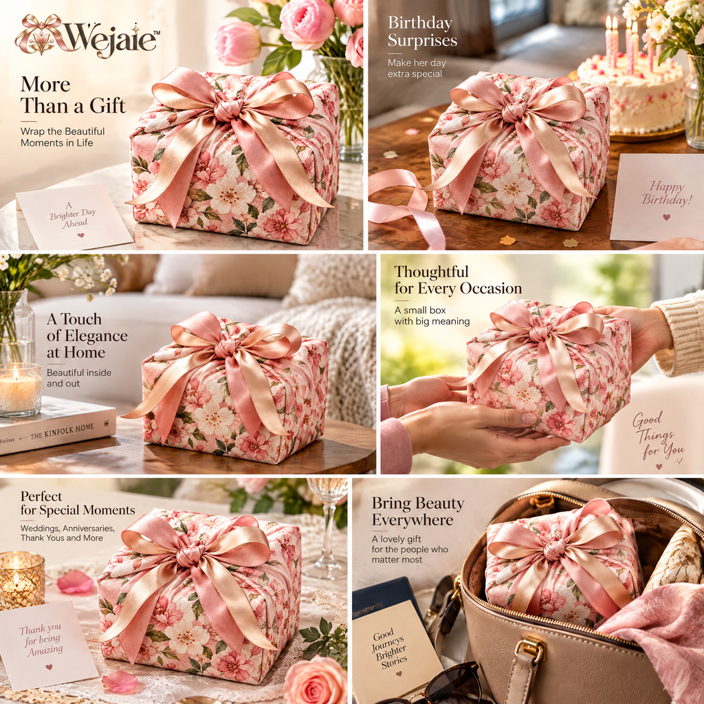 Wejaie™ Reusable Floral Fabric Gift Wrap – Blush Furoshiki-Style Wrapping Cloth