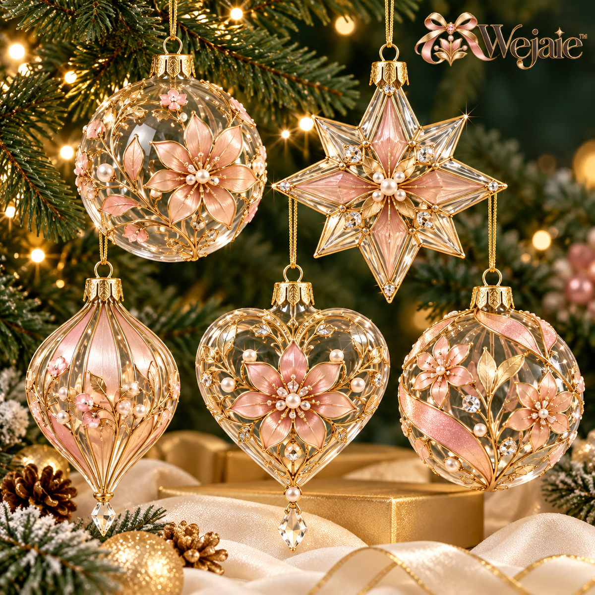 Wejaie™ Blush Crystal Holiday Ornament Set – Five-Piece Floral Tree Décor Collection