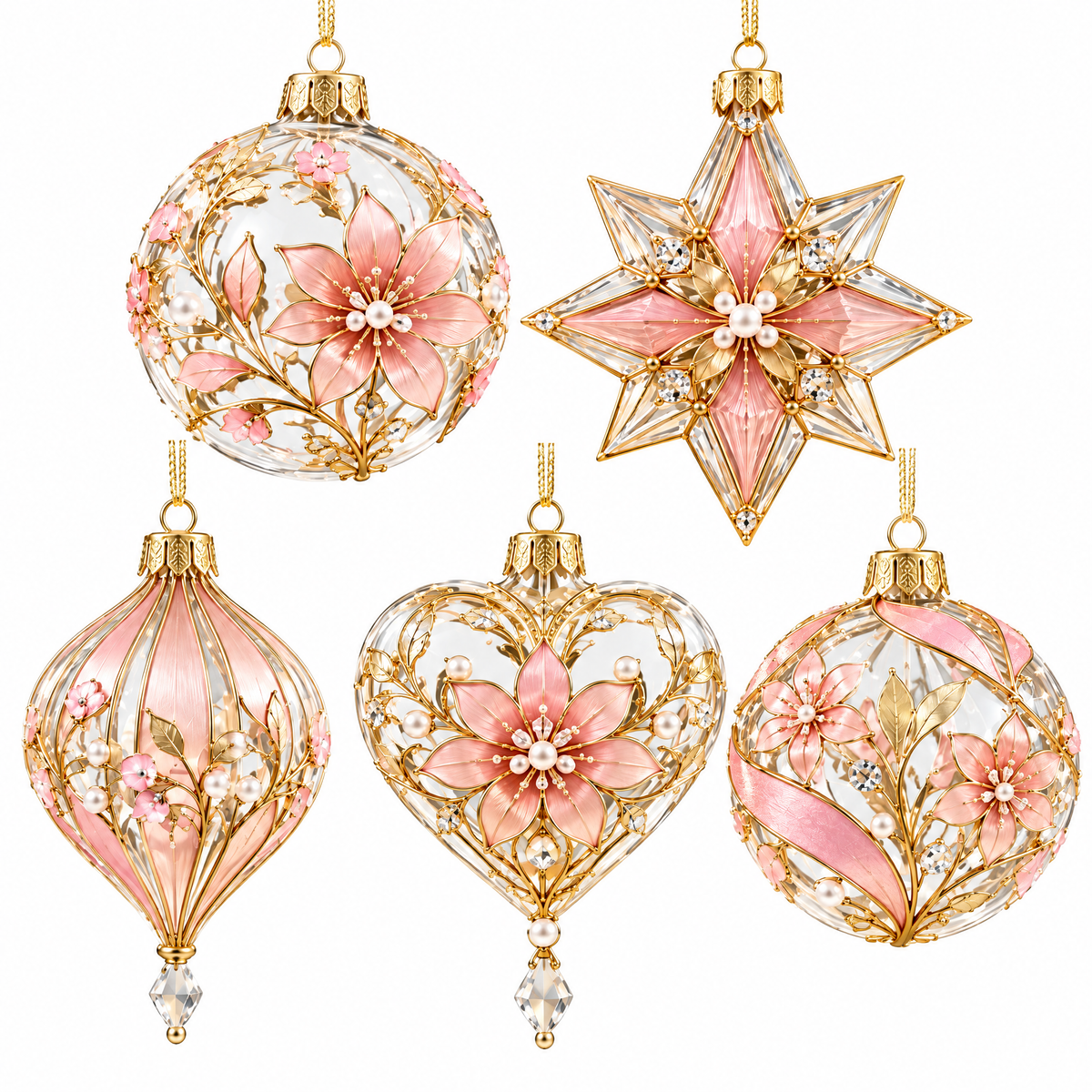 Wejaie™ Blush Crystal Holiday Ornament Set – Five-Piece Floral Tree Décor Collection