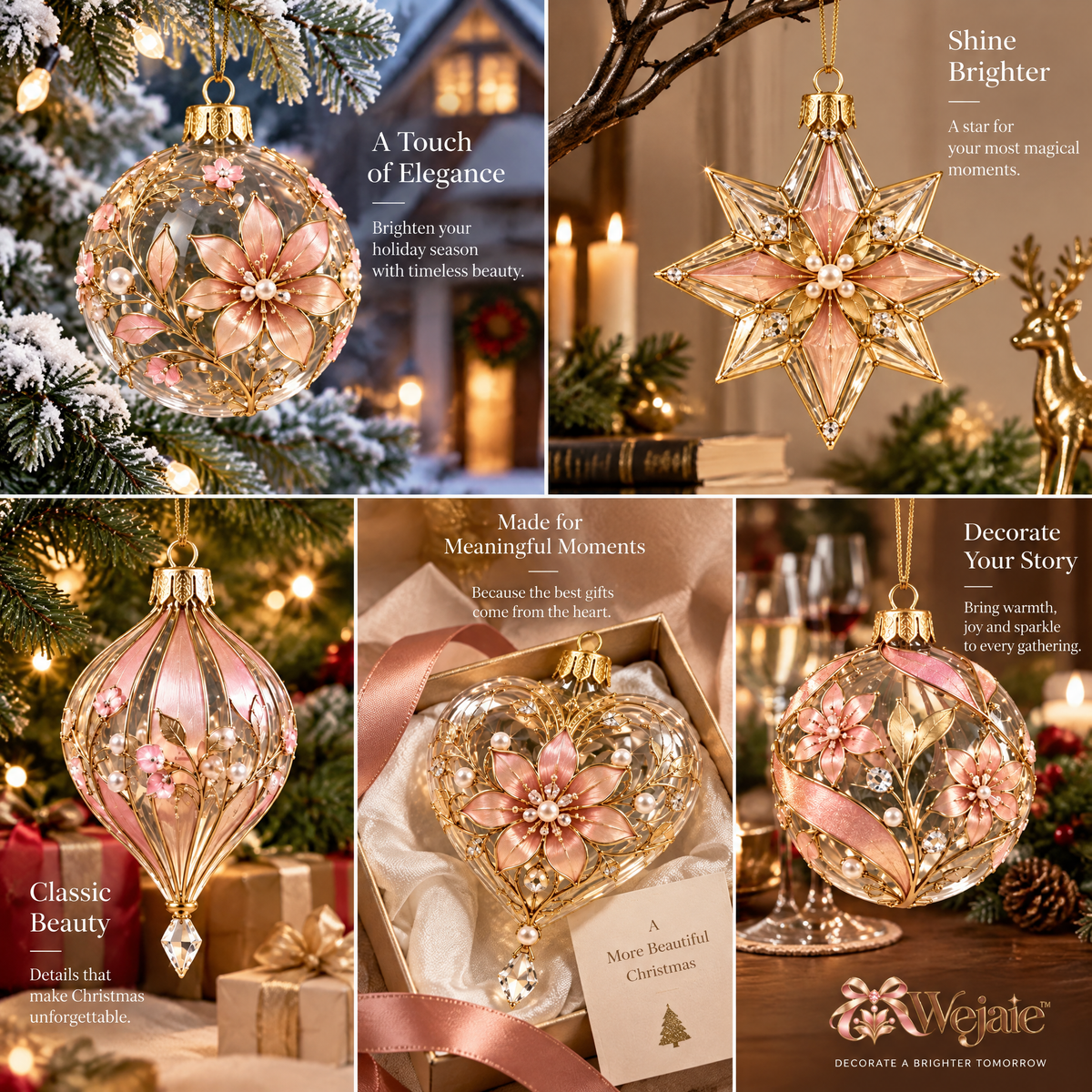 Wejaie™ Blush Crystal Holiday Ornament Set – Five-Piece Floral Tree Décor Collection