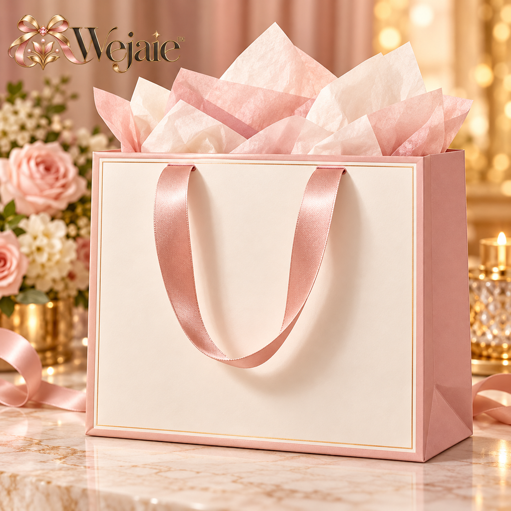 Wejaie™ Boutique Gift Bag – Blush & Cream Paper Bag with Satin Ribbon Handles