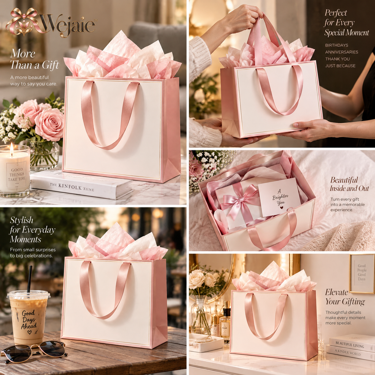 Wejaie™ Boutique Gift Bag – Blush & Cream Paper Bag with Satin Ribbon Handles