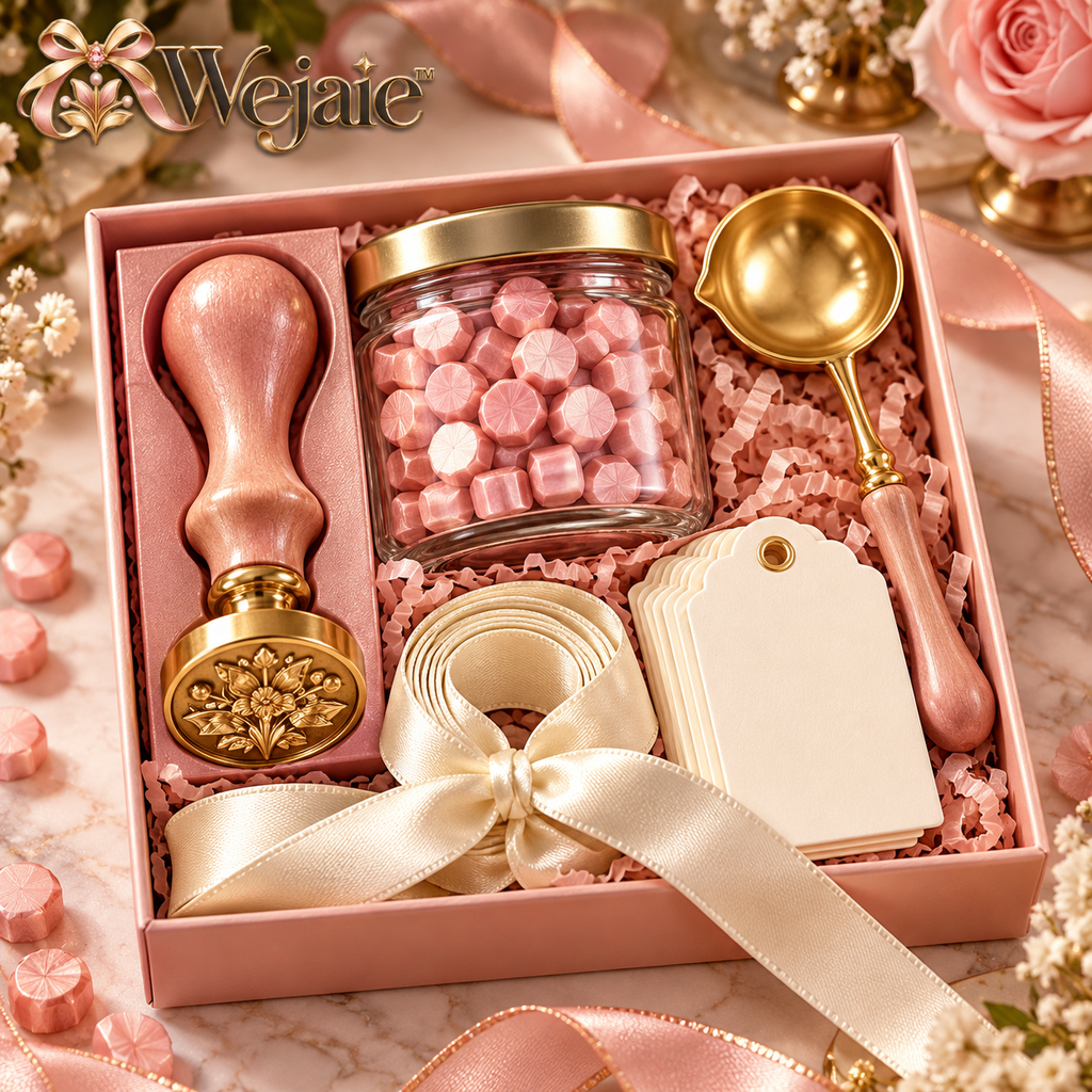 Wejaie™ Floral Wax Seal Gift-Wrapping Kit – Brass Stamp, Blush Wax & Ribbon Set