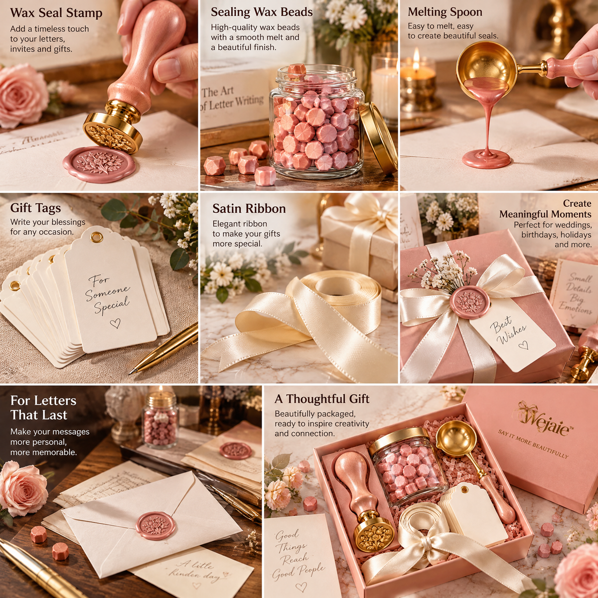 Wejaie™ Floral Wax Seal Gift-Wrapping Kit – Brass Stamp, Blush Wax & Ribbon Set