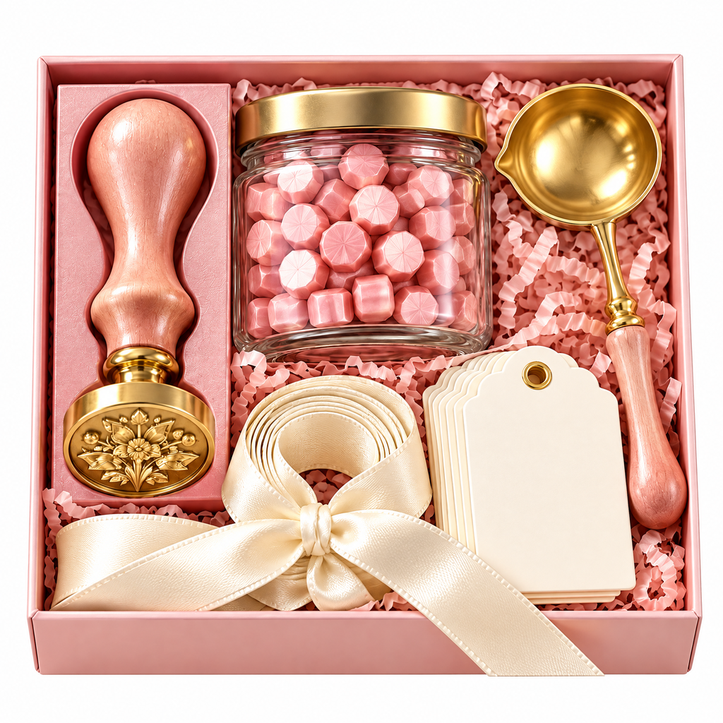 Wejaie™ Floral Wax Seal Gift-Wrapping Kit – Brass Stamp, Blush Wax & Ribbon Set