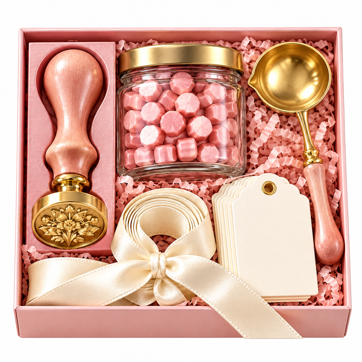 Wejaie™ Floral Wax Seal Gift-Wrapping Kit – Brass Stamp, Blush Wax & Ribbon Set
